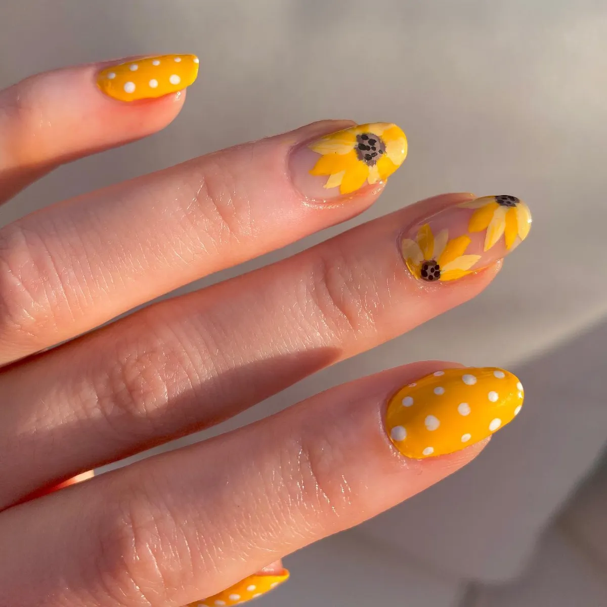 Yellow polka dots and daisy-style florals