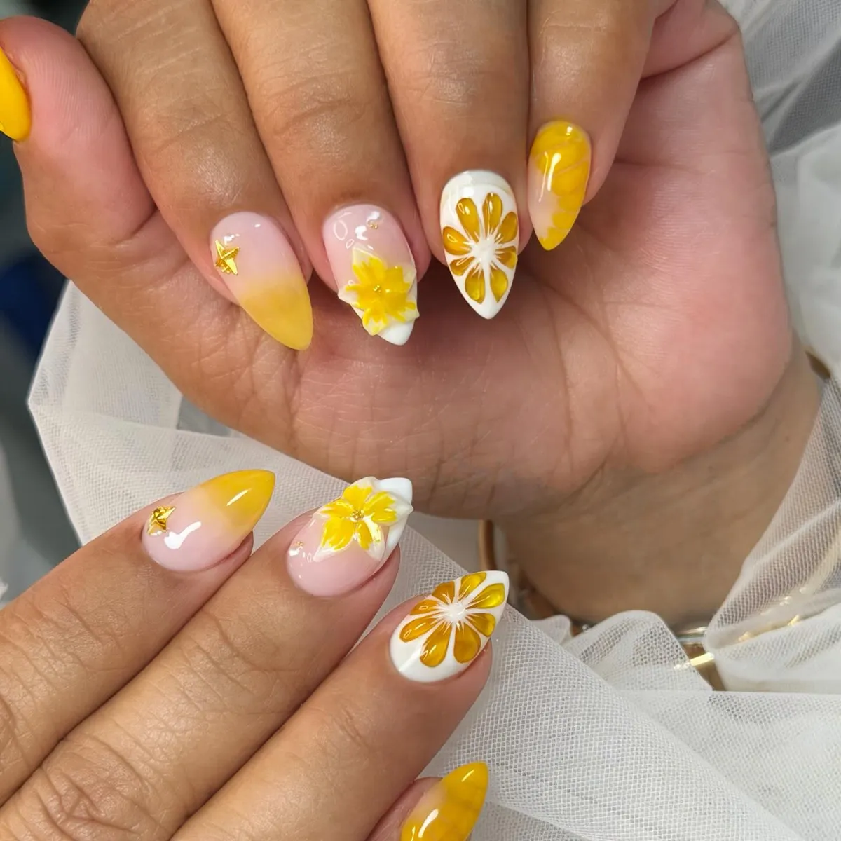 Yellow ombre and citrus-slice nail art