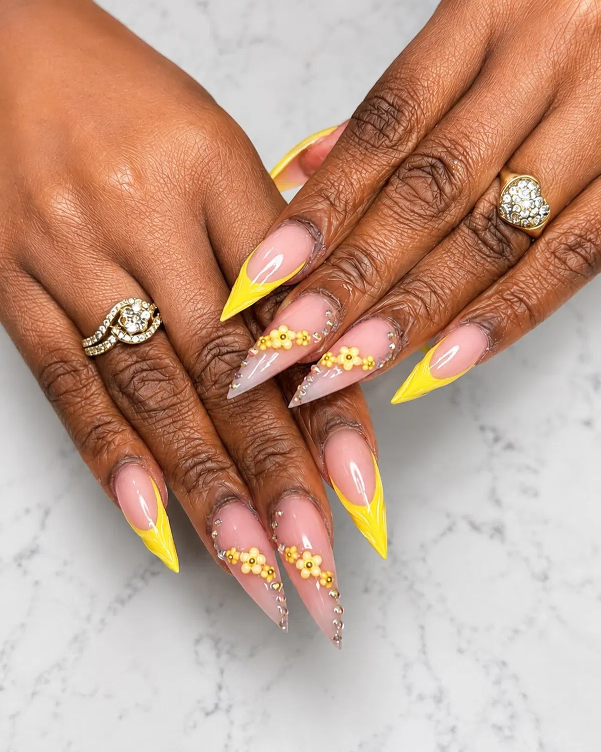 Sharp yellow French tips with 3D florals