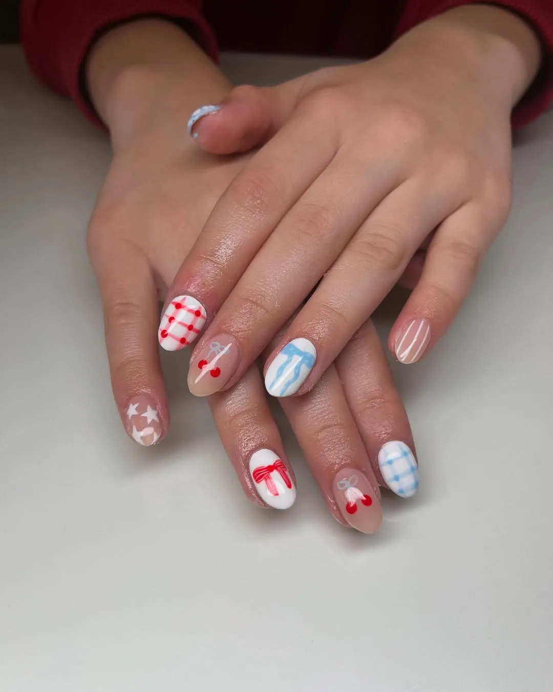 Soft sheer set with gingham, cherries, bows, and small stars