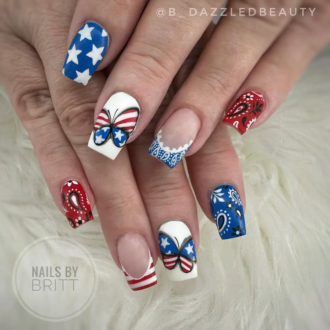 Bandana Prints and Butterfly Graphic on Square Nails