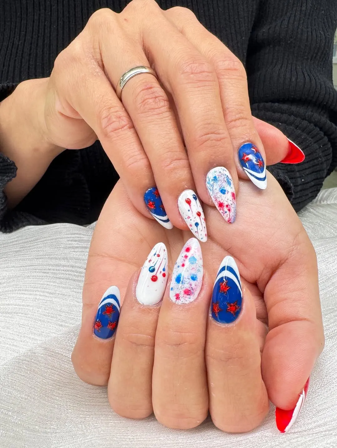 Blue Curved Tips with Splatter Accents