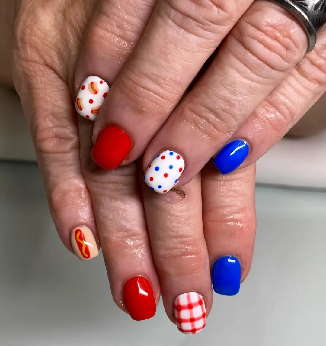 Short Square Red/Blue with Polka Dots, Gingham, and Food Graphic