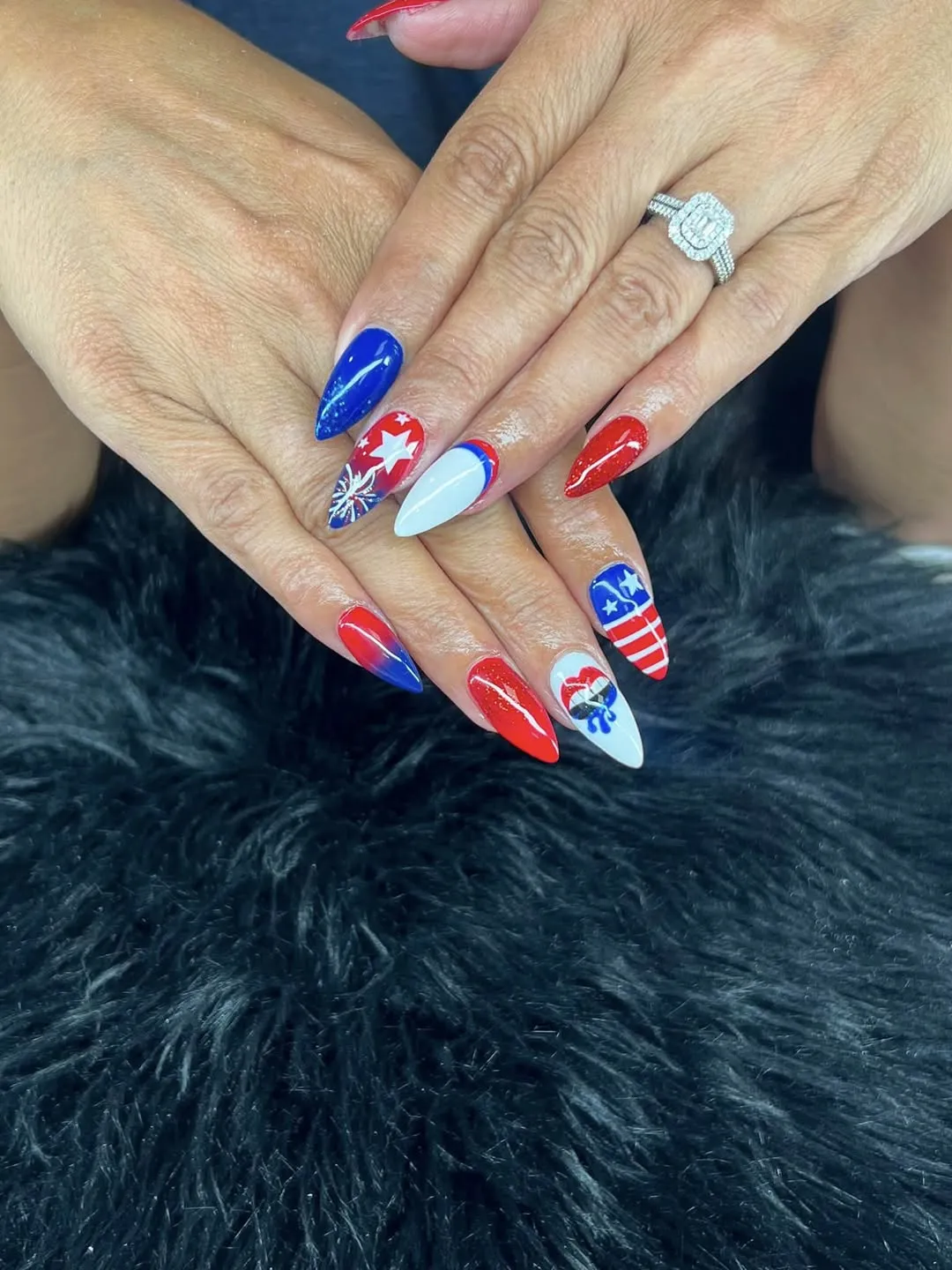 Color-Blocked Red/White/Blue with Star and Stripe Nail