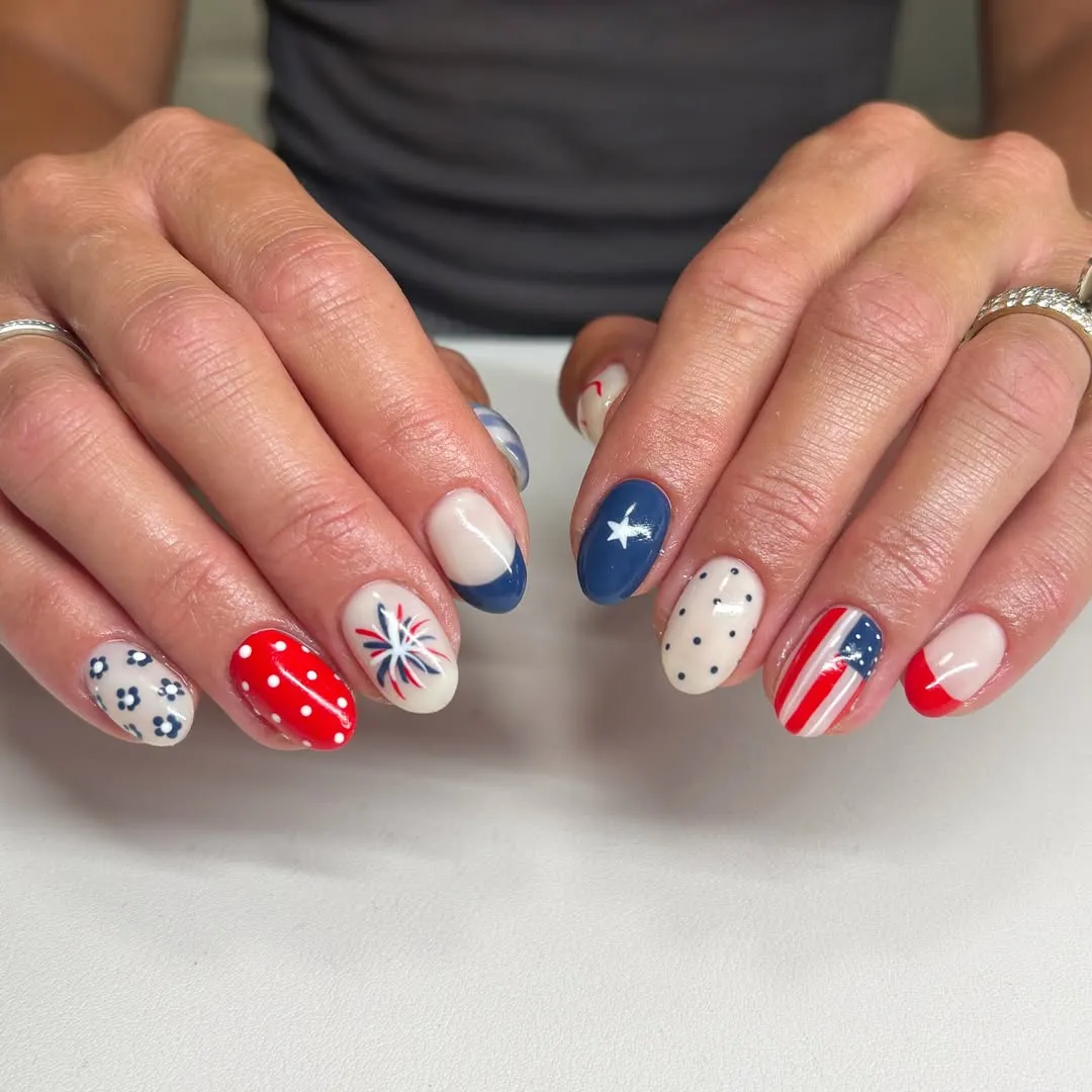 Rounded Nails with Polka Dots, Star, and Stripe Mix