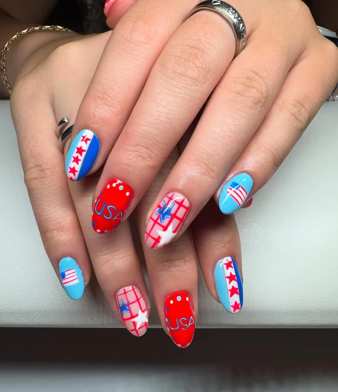 Light Blue Accents with "USA" Text and Star Strips
