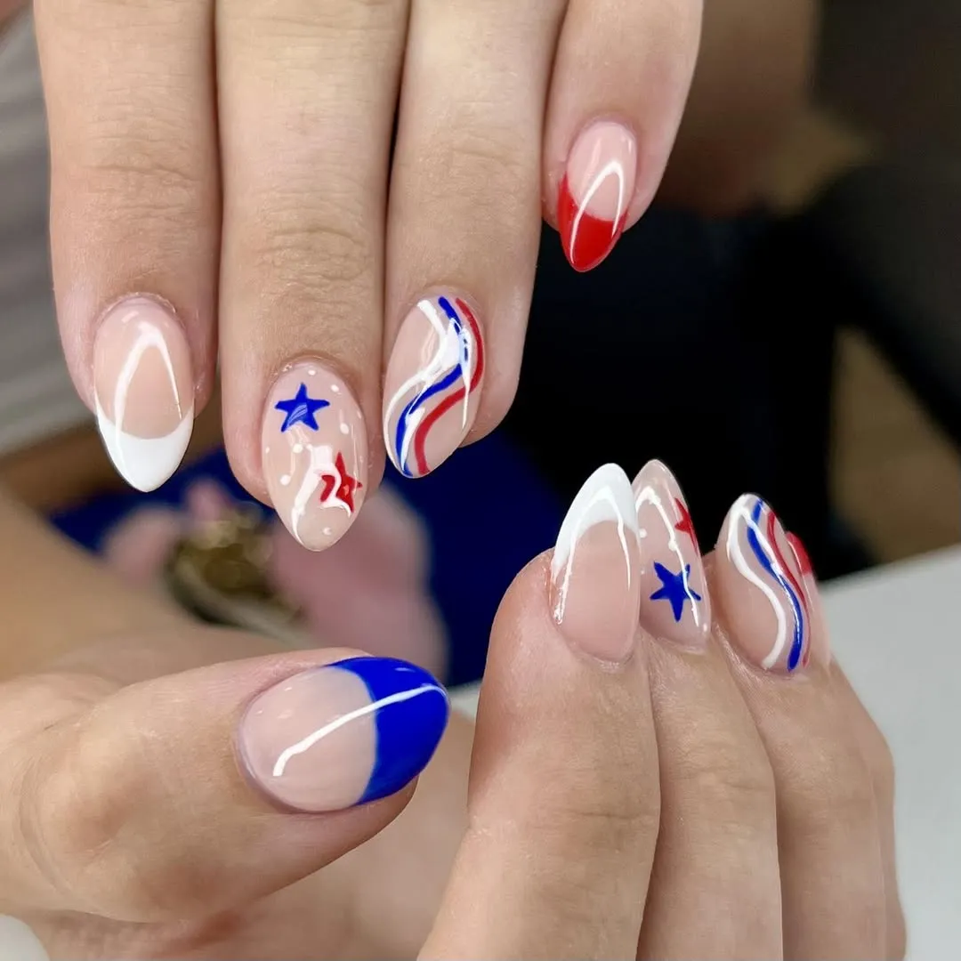French Tips with Stars and Wavy Tricolor Lines