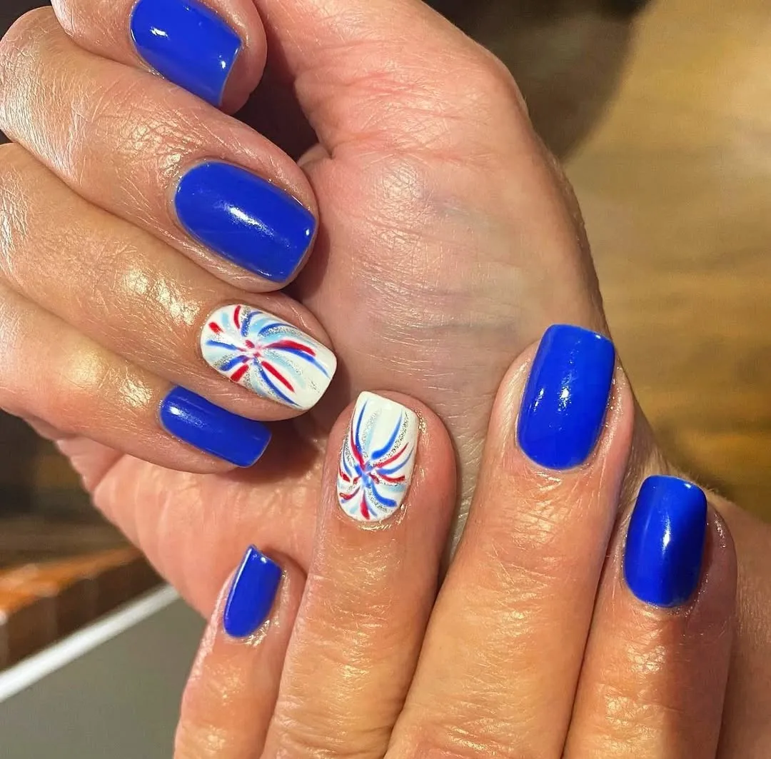 Royal blue set with red-and-blue swirl accents