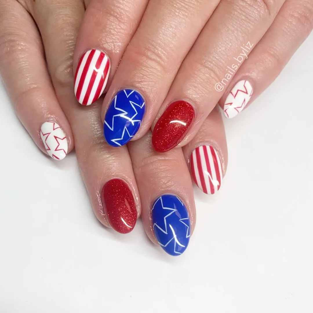 Mixed red glitter, outlined stars, and stripes