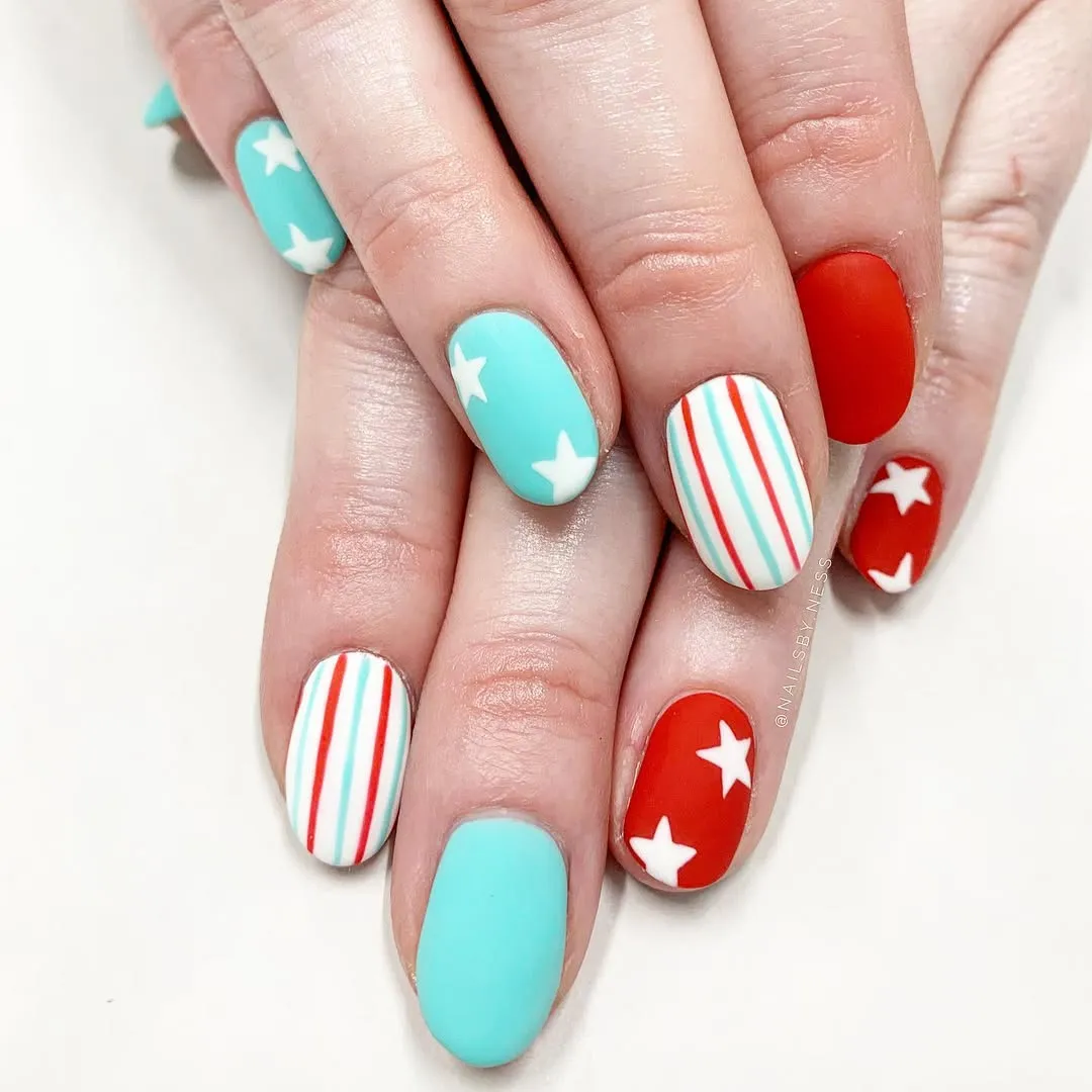 Matte teal and red with stars and striped accent