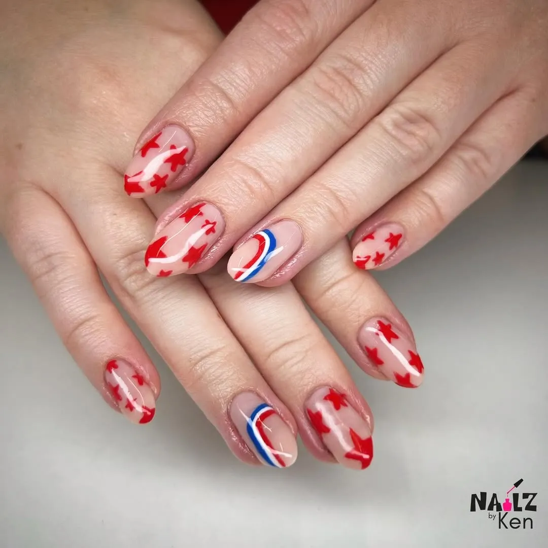Nude base with red stars and curved tricolor stripes