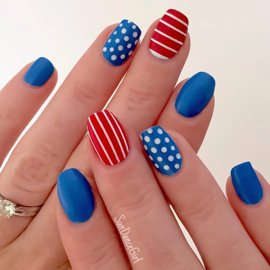 Matte blue with polka dots and red stripe accents