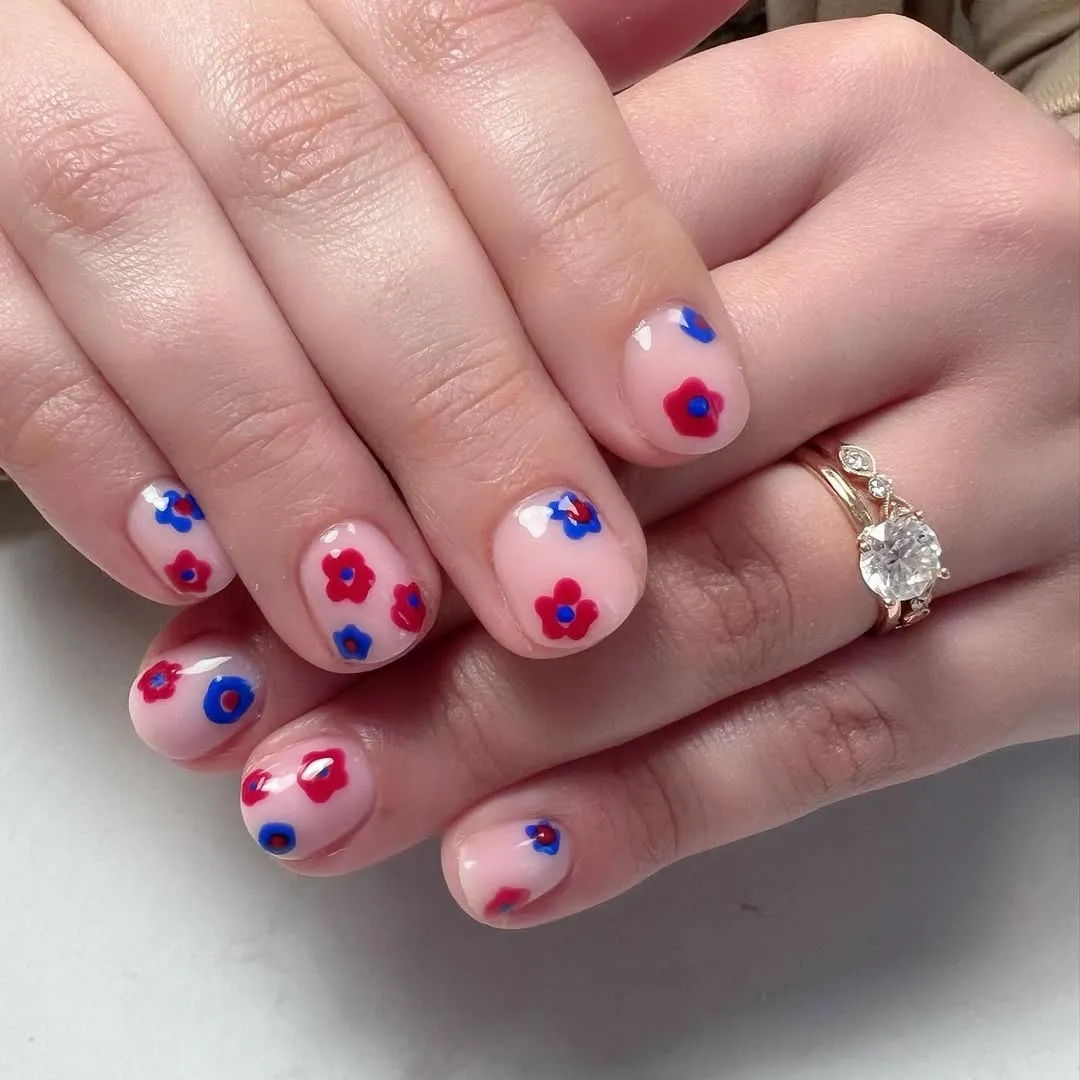 Pale Pink Base with Red-and-Blue Floral Accents