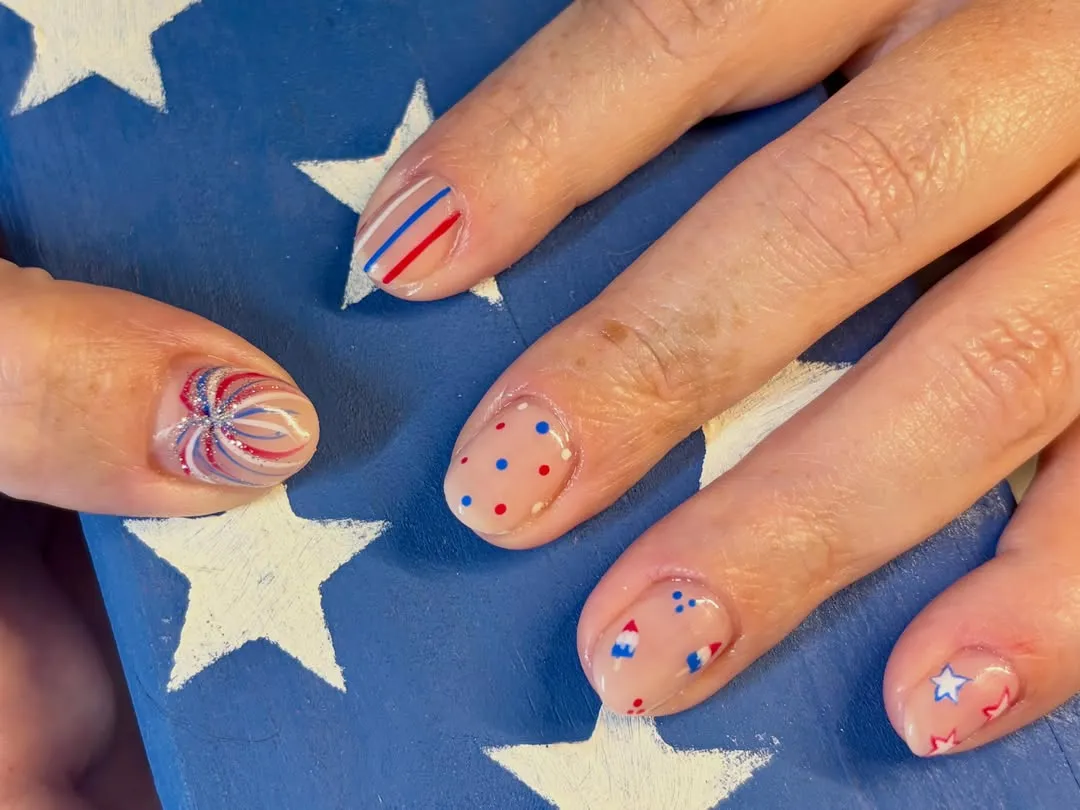 Nude Base with Dots, Thin Stripes, and Small Red/Blue Motifs