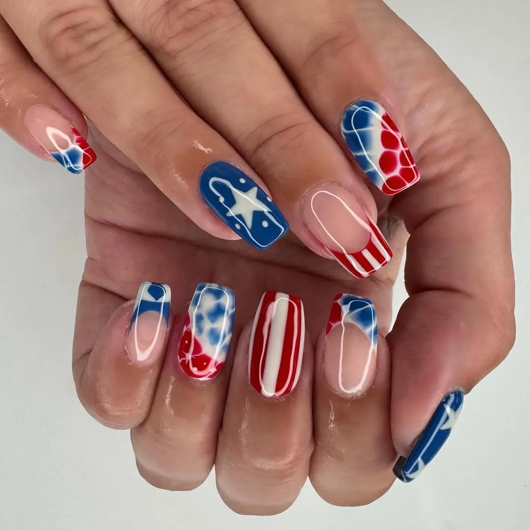 Nude base with bold graphic red/blue patterns and stripes