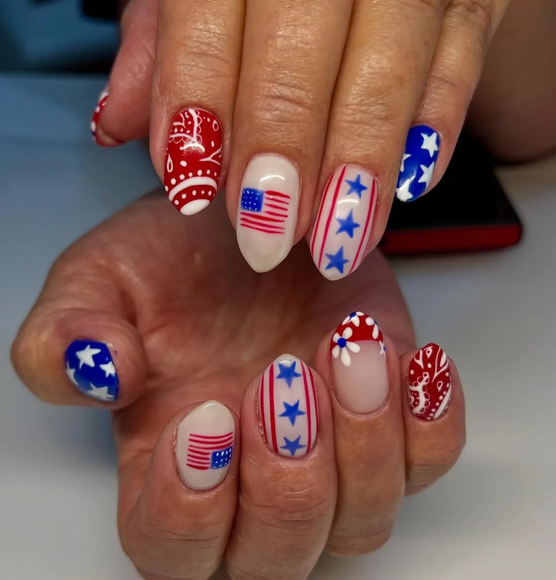 Bandana red accents with stars, stripes, and mini flag motifs