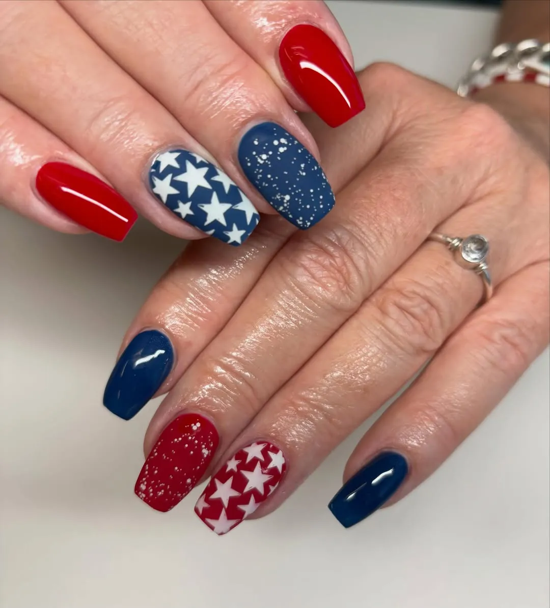 Classic red and navy with star-print accents