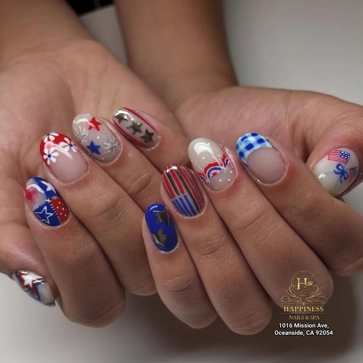 Patriotic mix with gingham, stripes, stars, and salon watermark