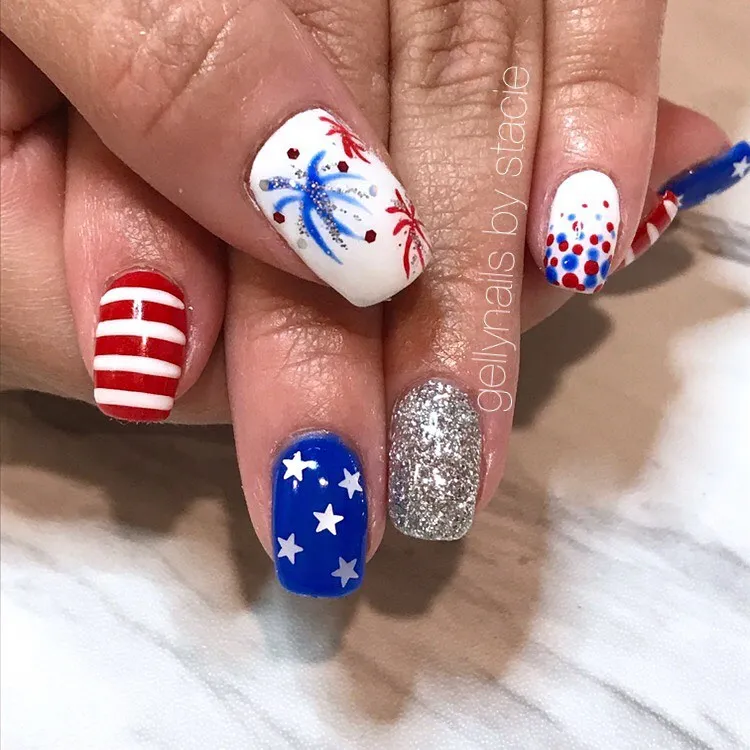 Stars, stripes, silver glitter, and firework-style graphic