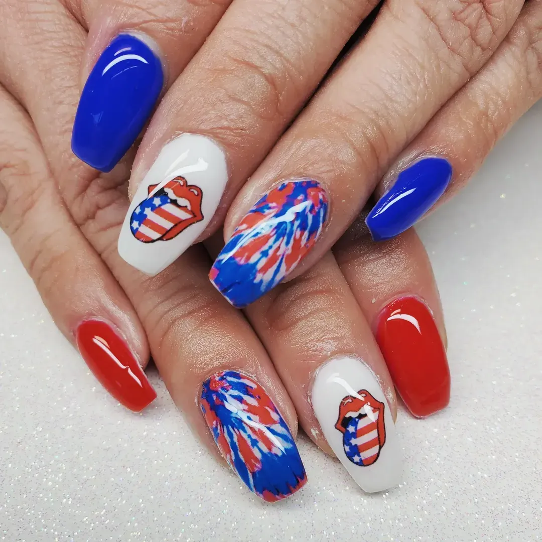 Bold red and blue solids with lips graphic and splatter accents