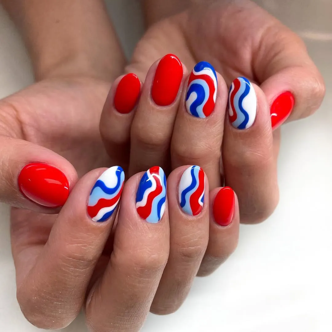 Glossy red solids with wavy red-and-blue accents