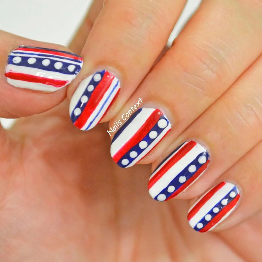 Striped and polka-dot red/white/blue nails