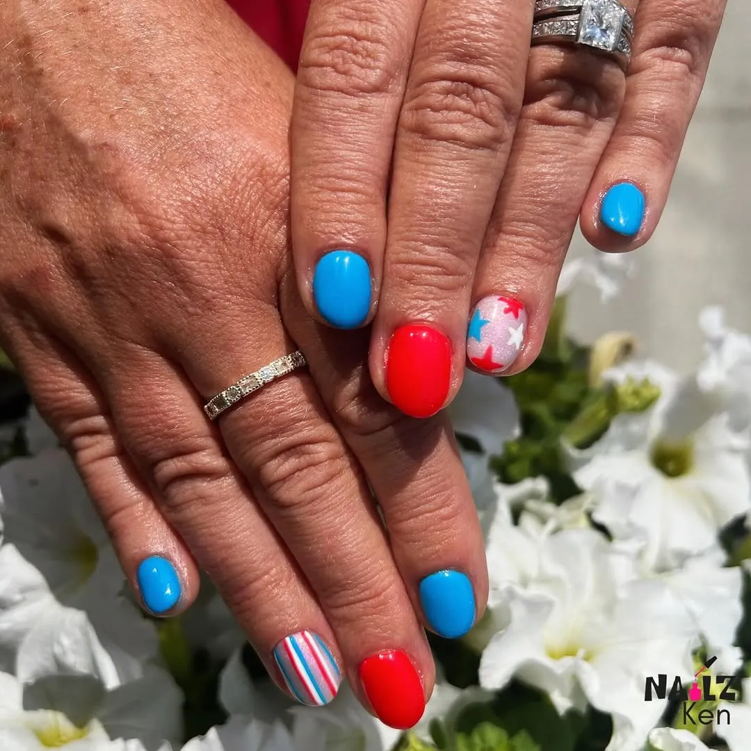Sky-blue and red solids with star and stripe accents