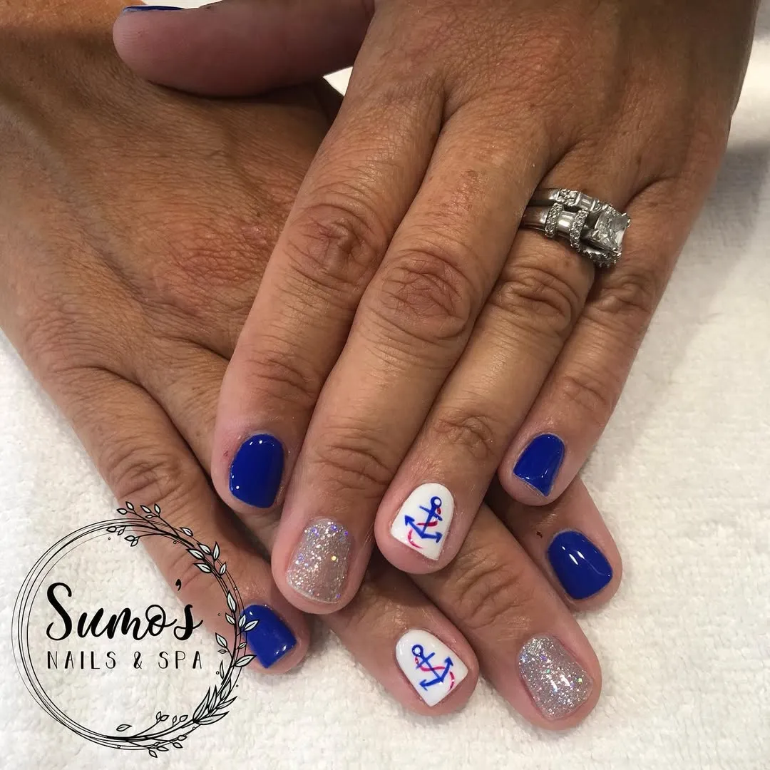 Blue solids with anchor accents and silver glitter
