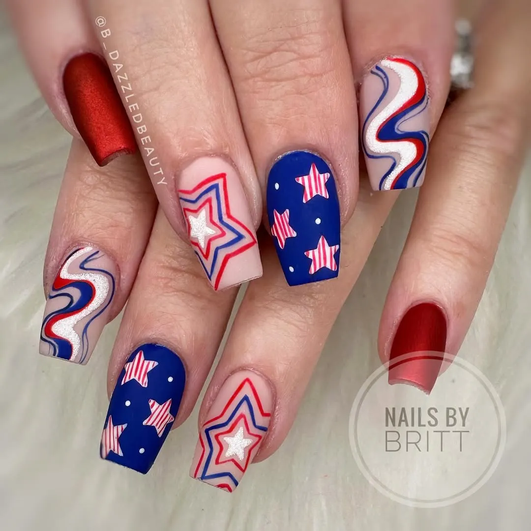 Star outlines and wavy stripe graphics with matte red solids