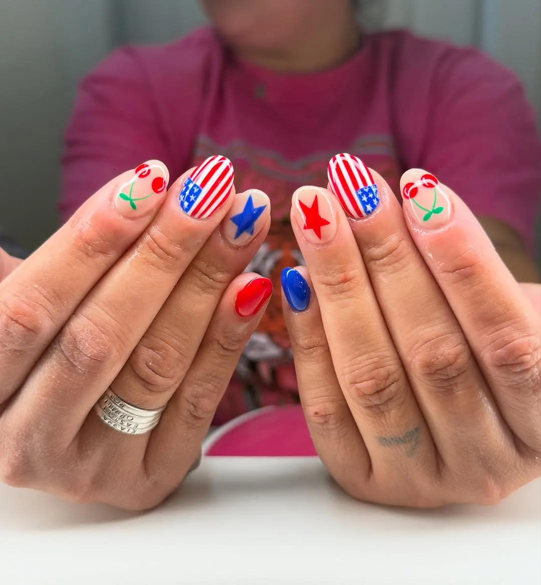 Stars-and-stripes mixed with cherry nail art