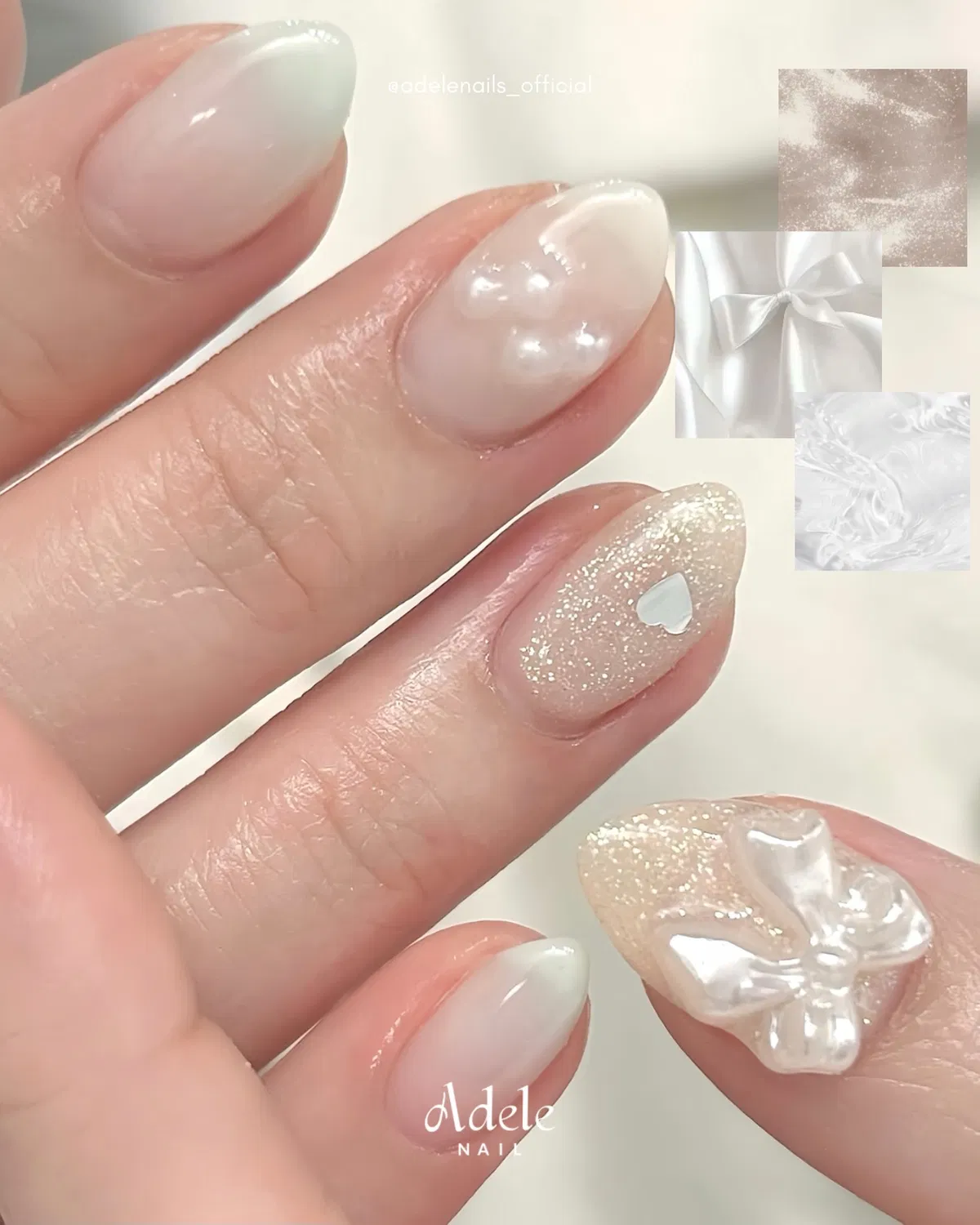 Milky ombré with glitter heart and bow accent