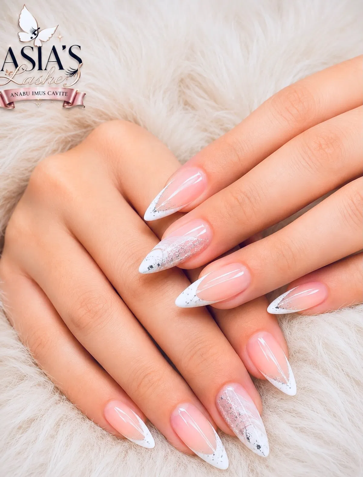 V-French tips with silver glitter and lace accent