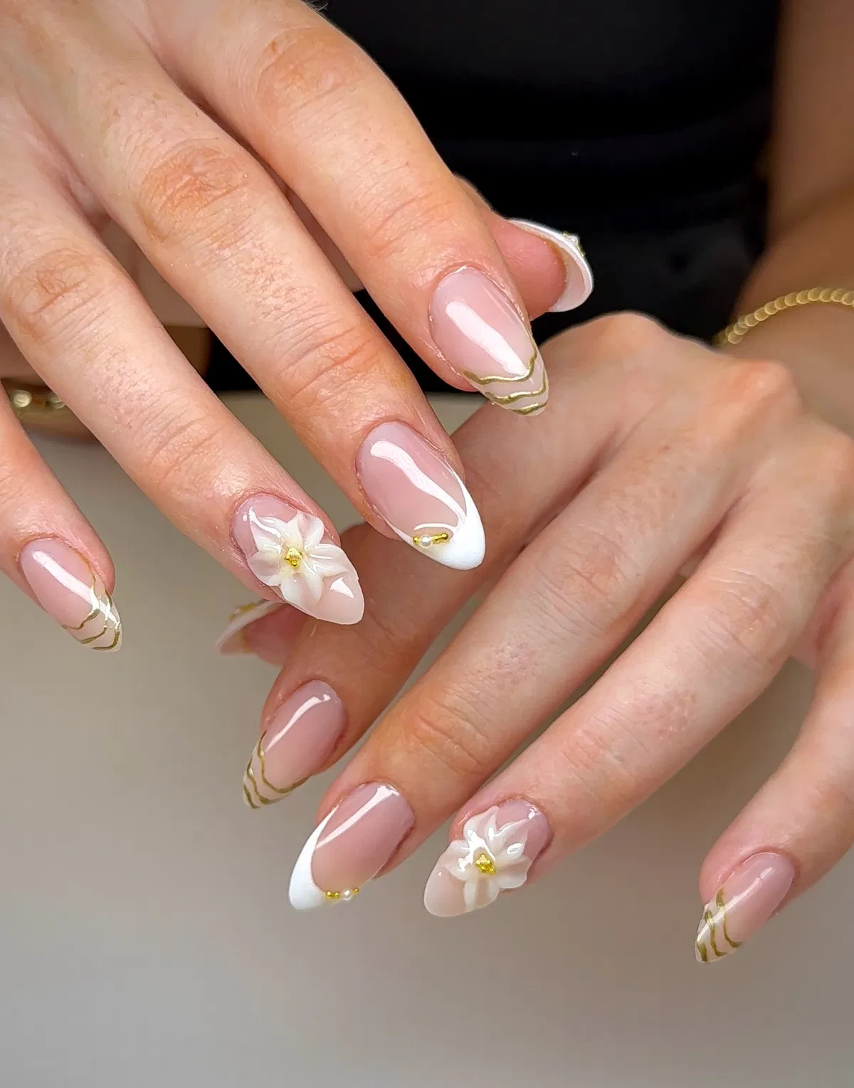 Mixed French tips with 3D white flowers and gold lines