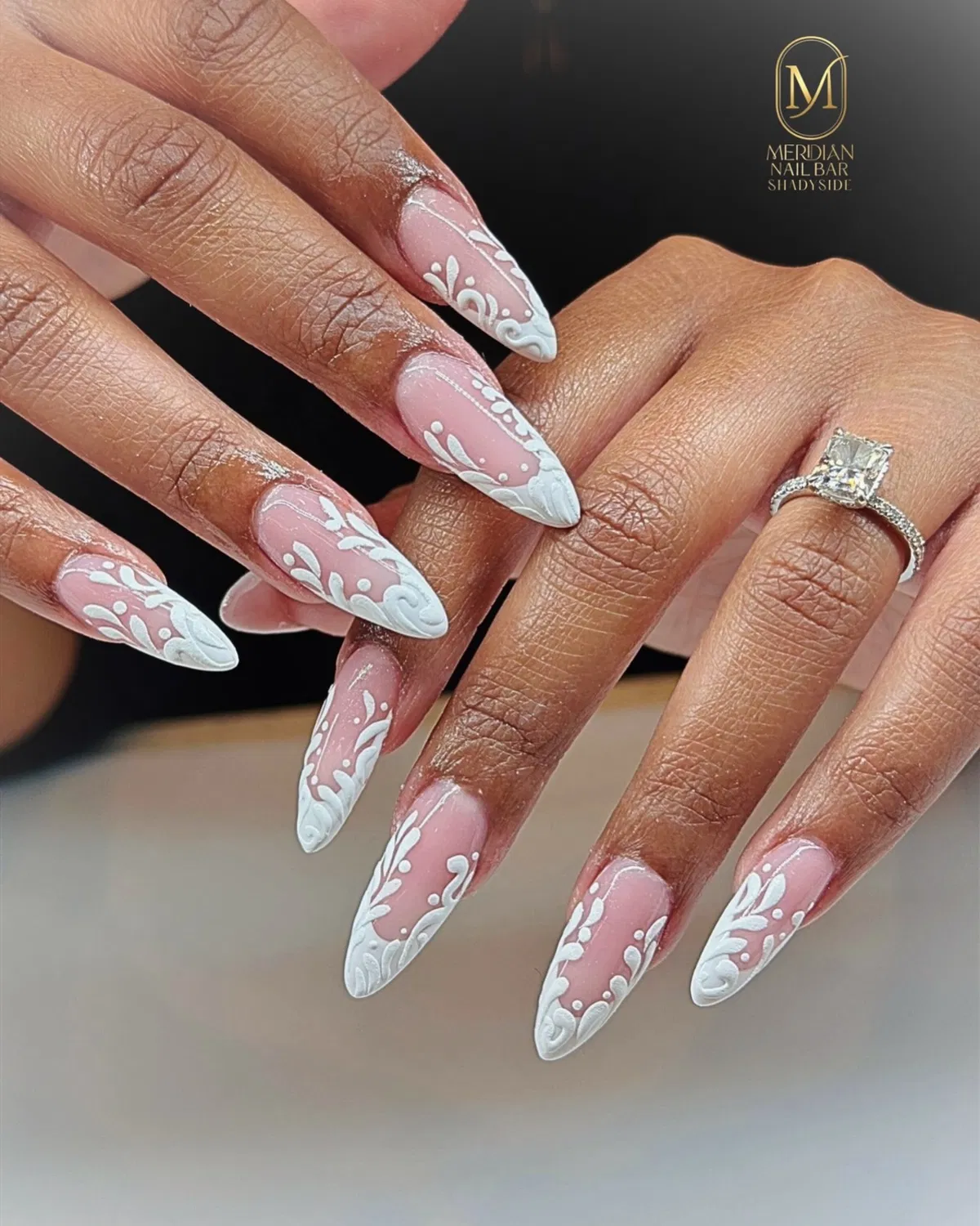 White vine-pattern French tips