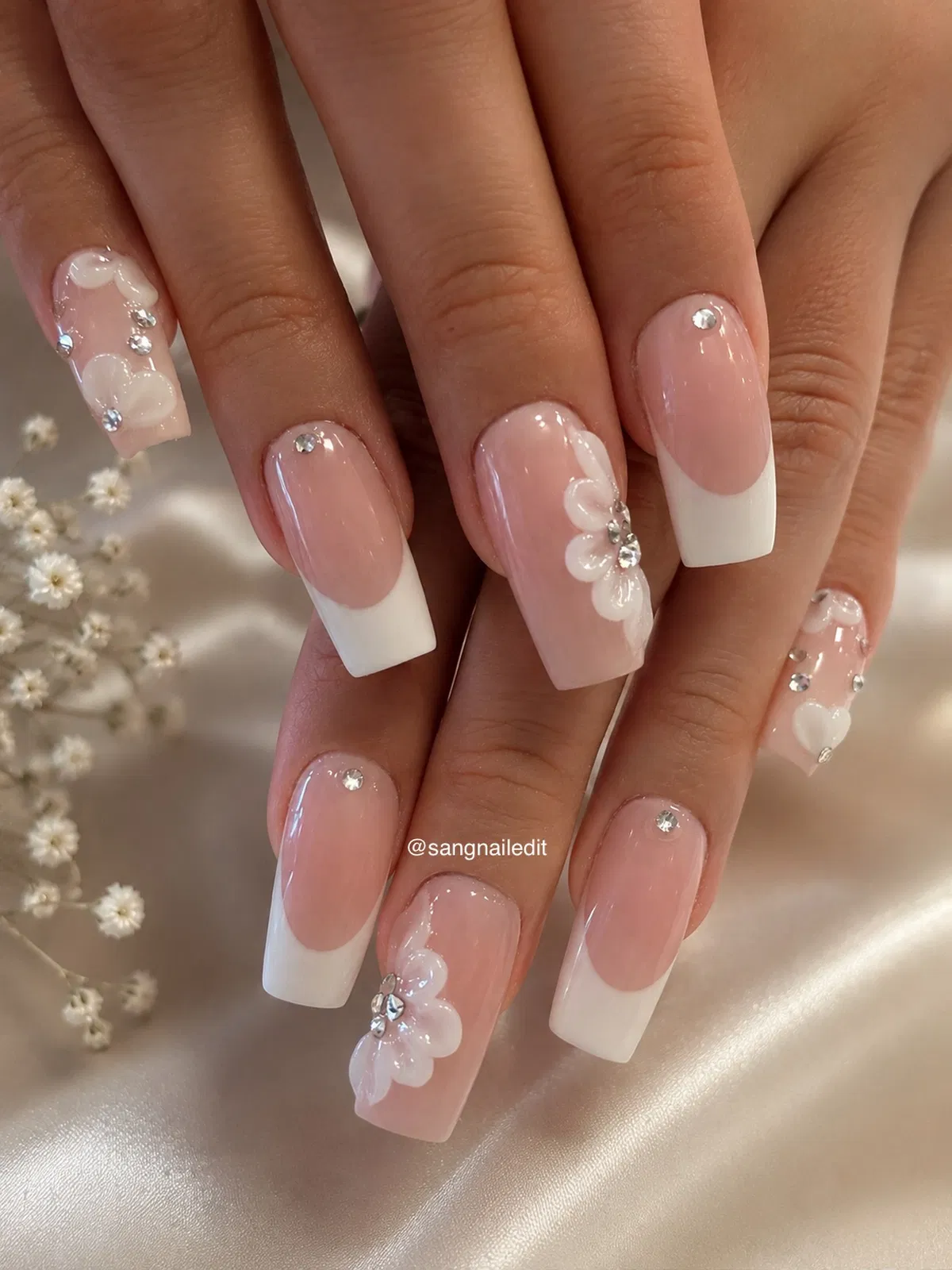 Coffin French tips with 3D flowers and rhinestones