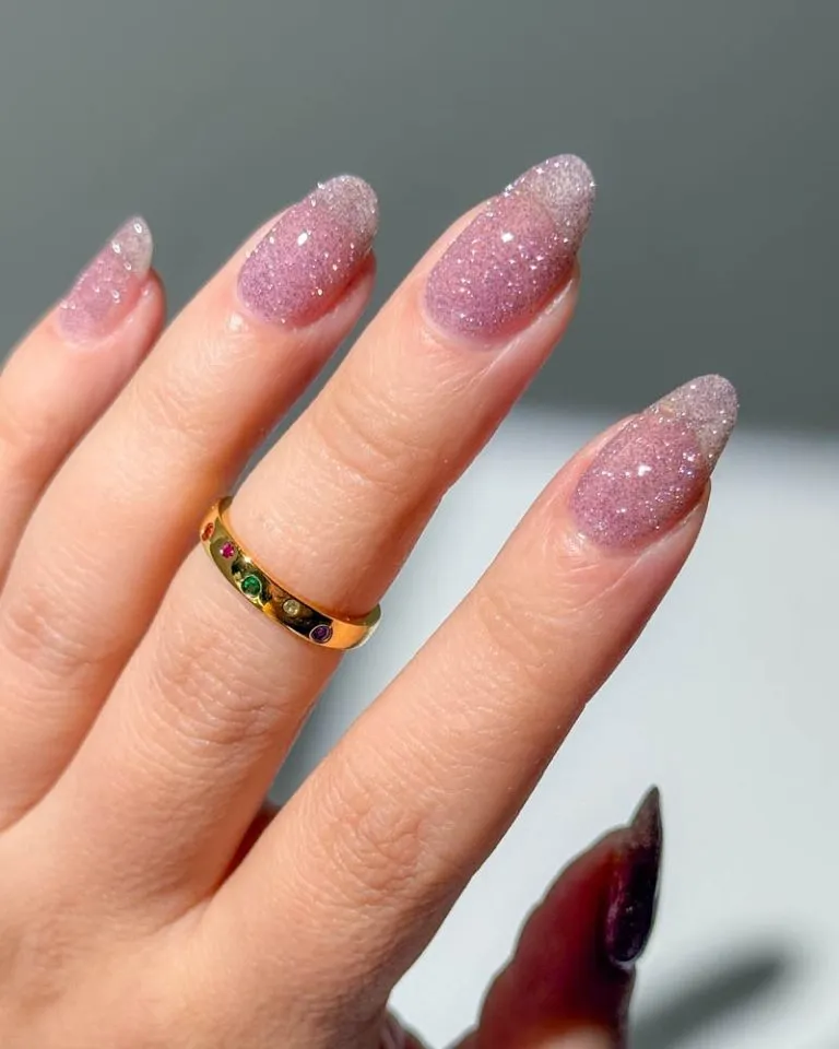 Lavender-pink glitter gradient almond nails