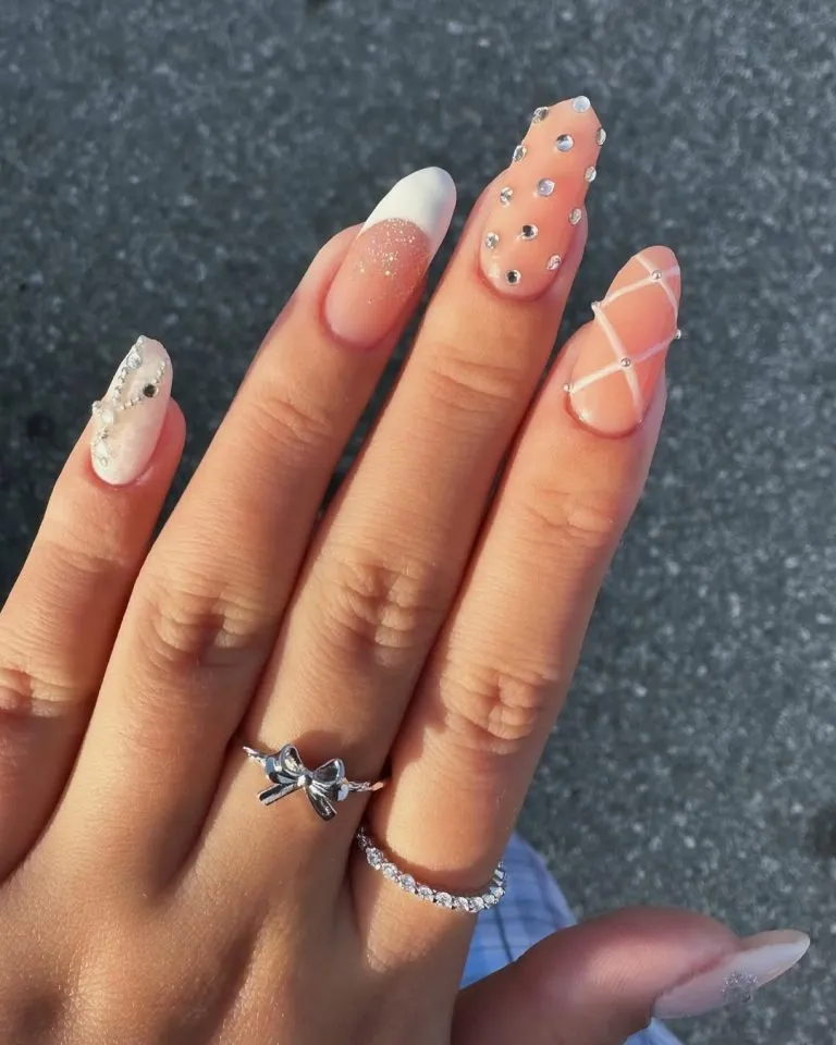 Mixed nude set with glitter gradients and rhinestone studs