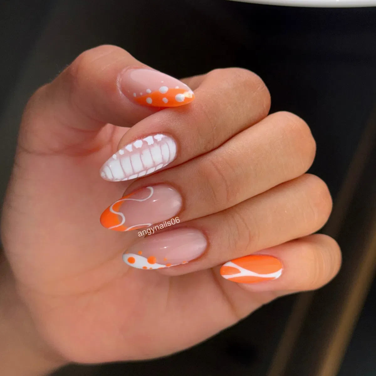Orange Tip Swirls, Polka Dots, and White Heart Accent