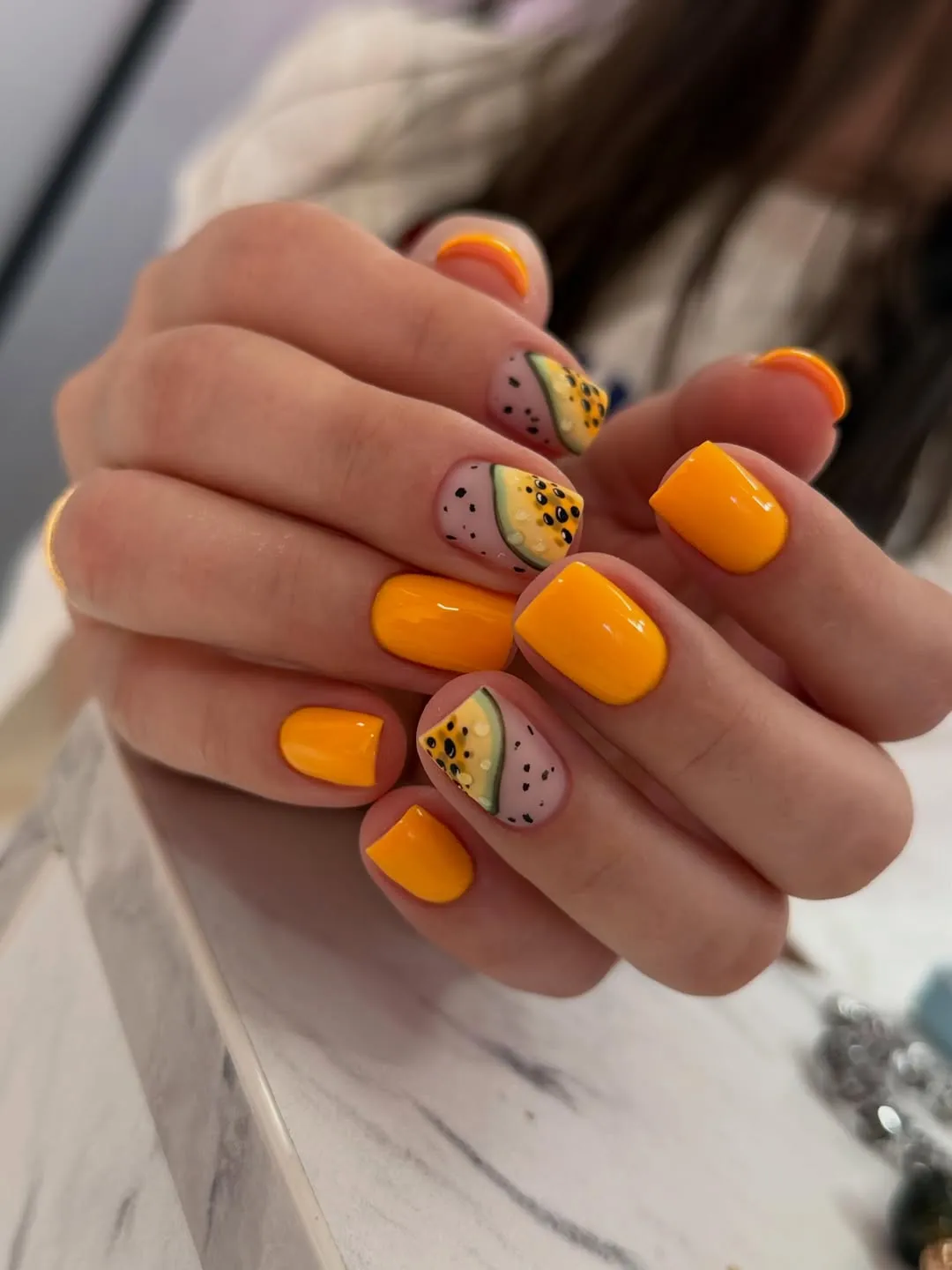 Glossy Orange with Fruit-Slice Accent Nails
