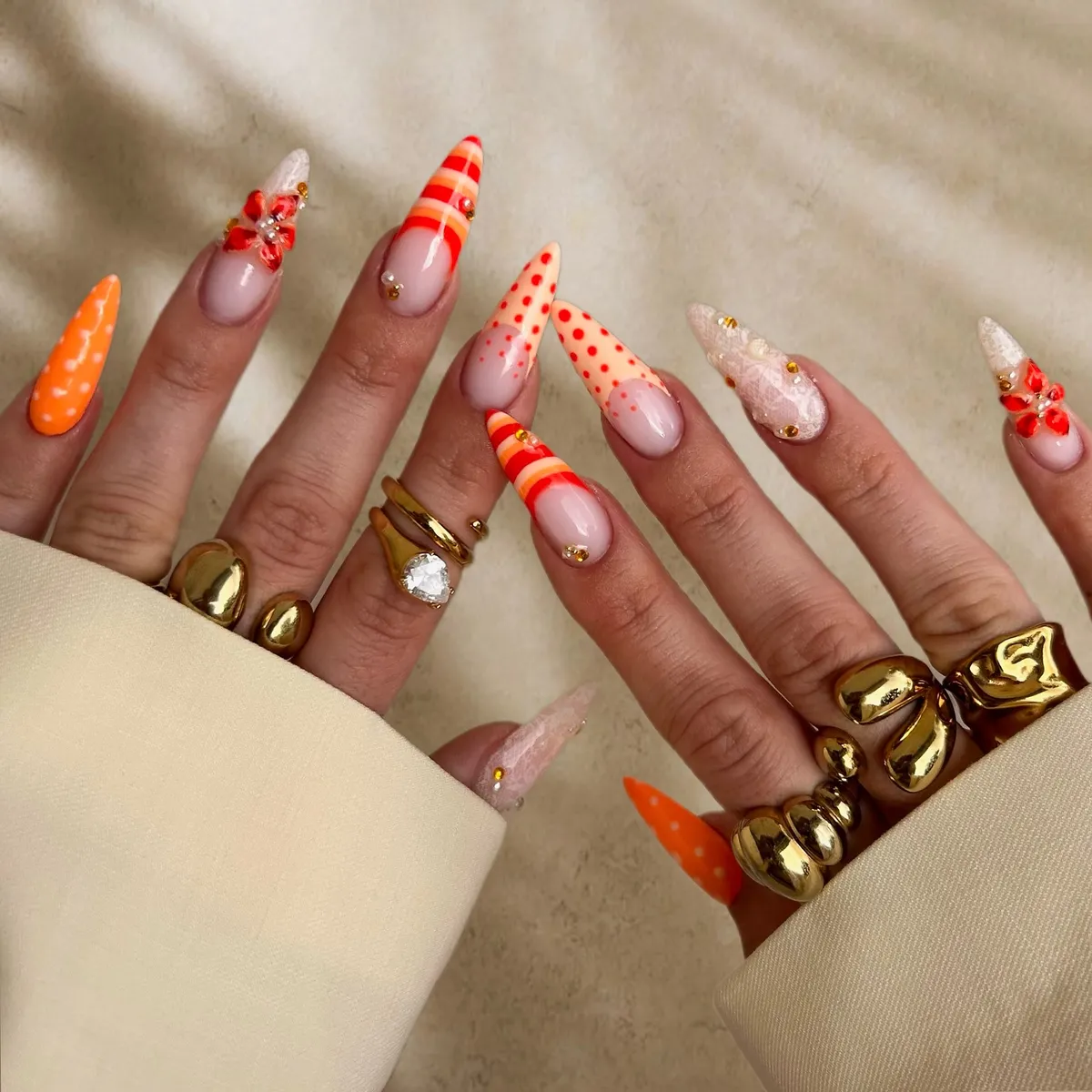 Stiletto Orange Patterns with 3D Flowers and Gold Studs