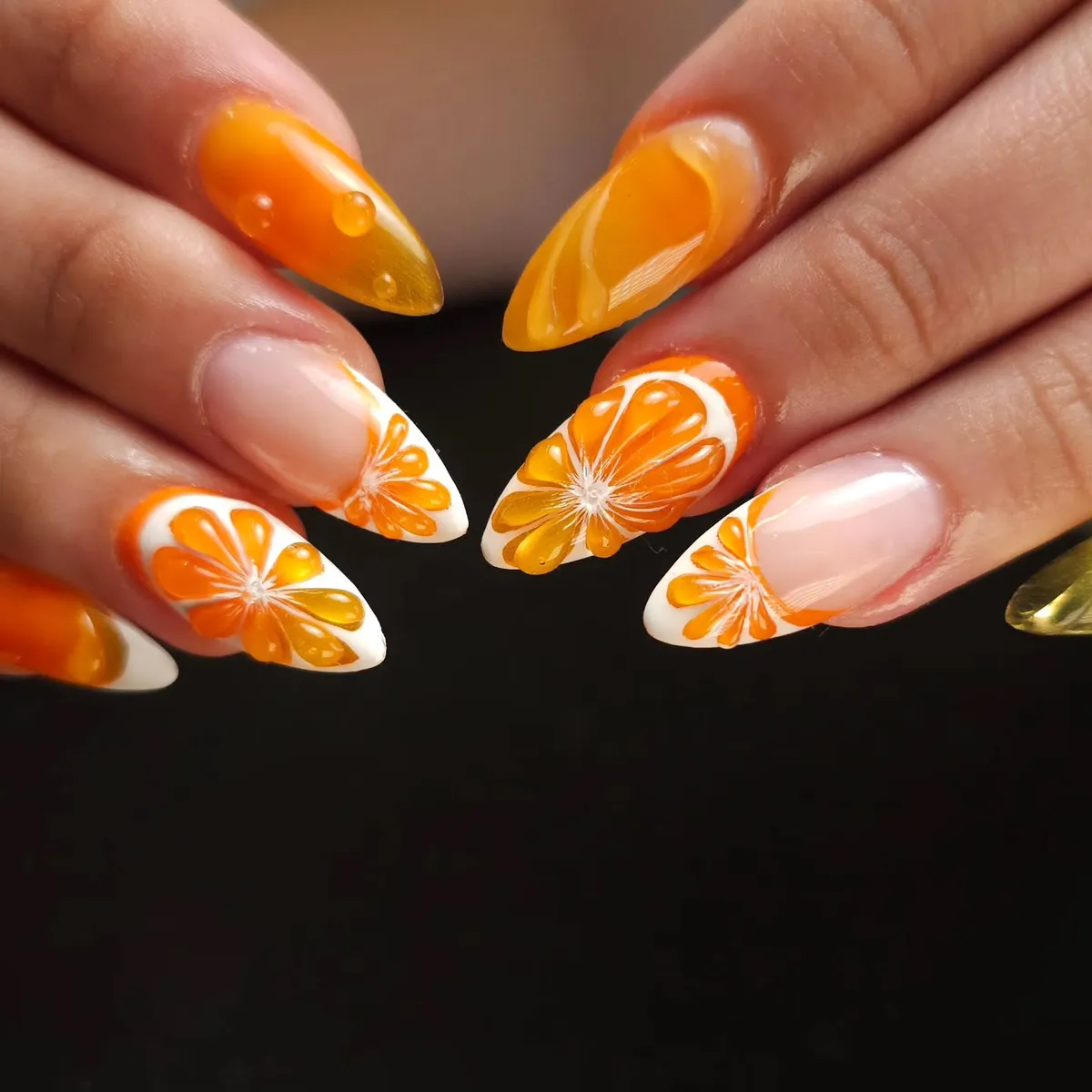 Orange Floral French Tips with Raised Droplet Details