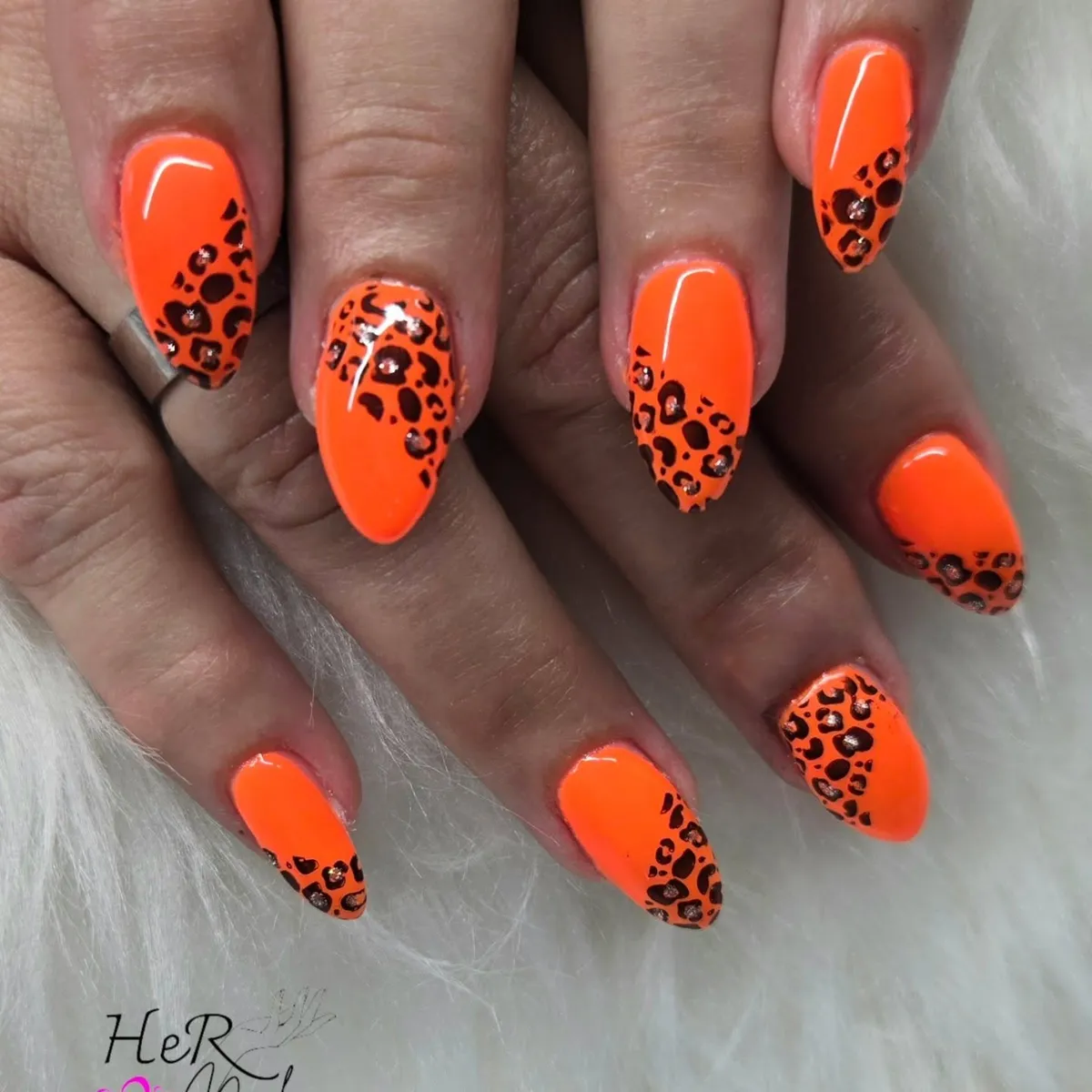 Neon Orange Leopard Tips with Rhinestone Accents