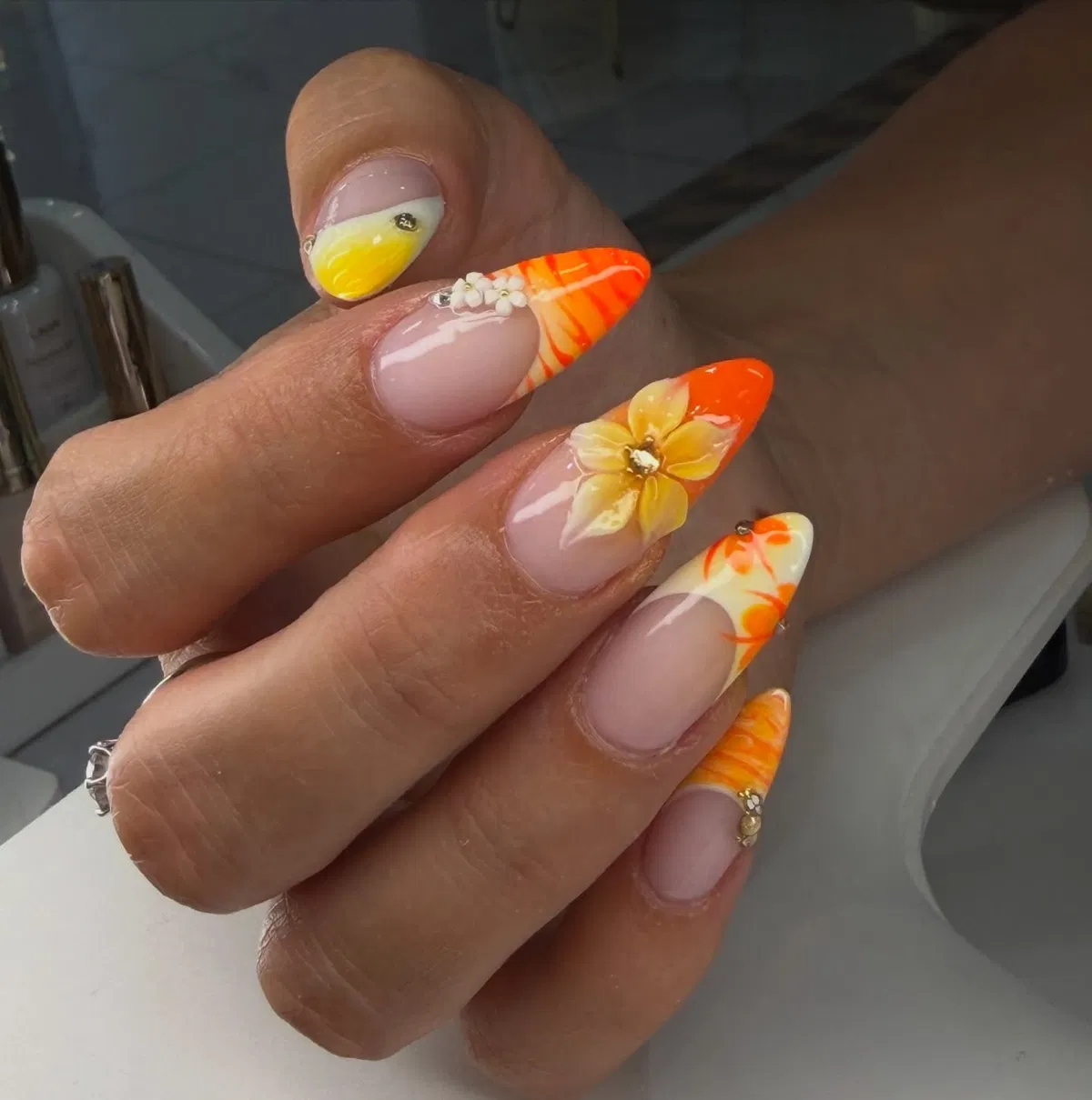 Orange Tips with Raised Flower and Swirled Accents