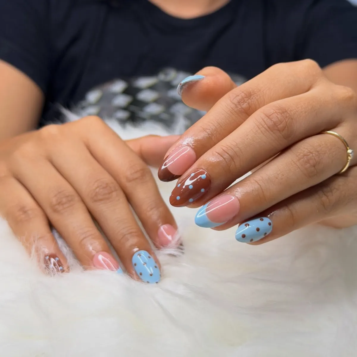 Brown polka dots mixed with light blue accents