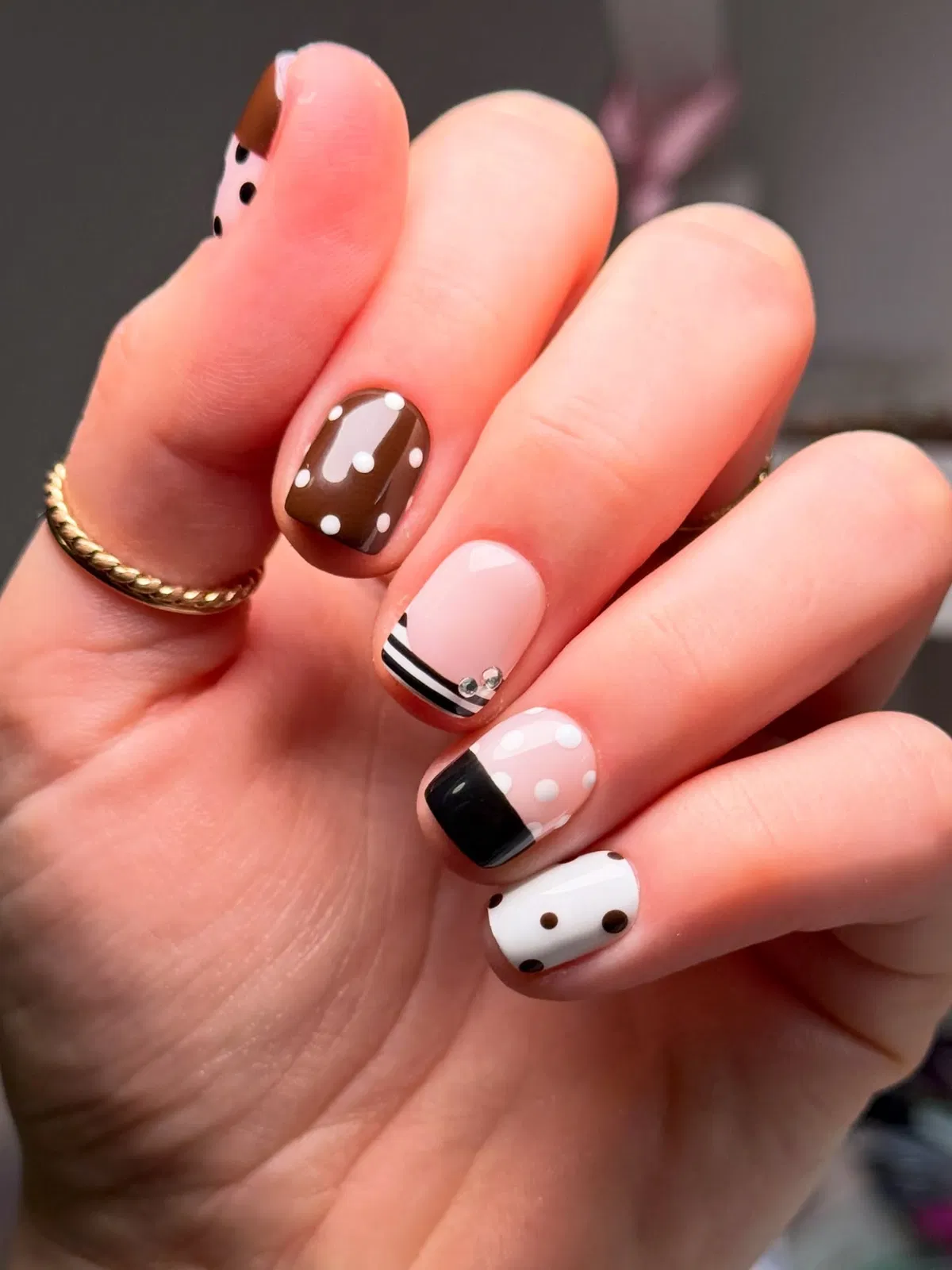 Short glossy polka dots with brown, black, and white mix