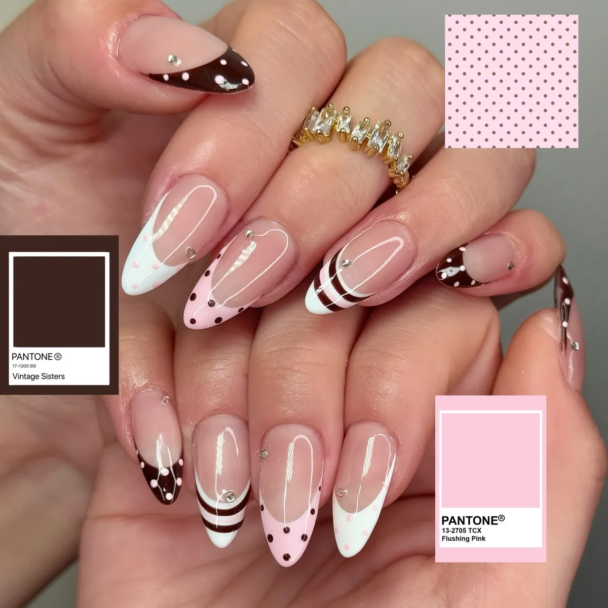 Almond French tips with brown polka dots, stripes, and Pantone overlays