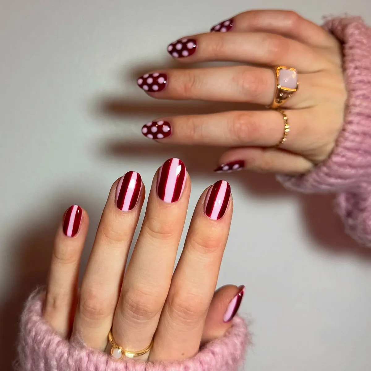 Burgundy polka dots paired with burgundy stripes