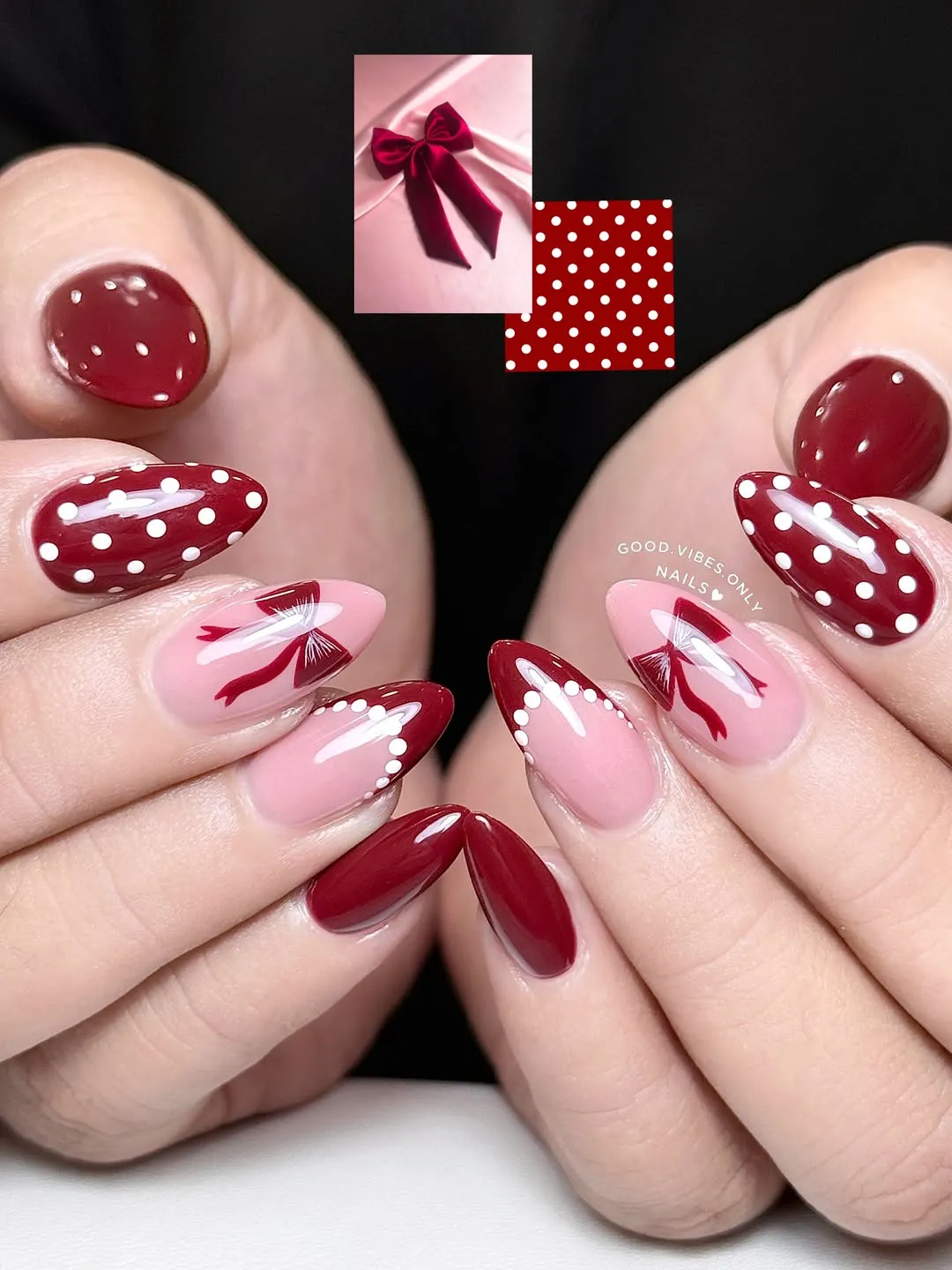 Burgundy polka dots and bow accents (with text overlay)
