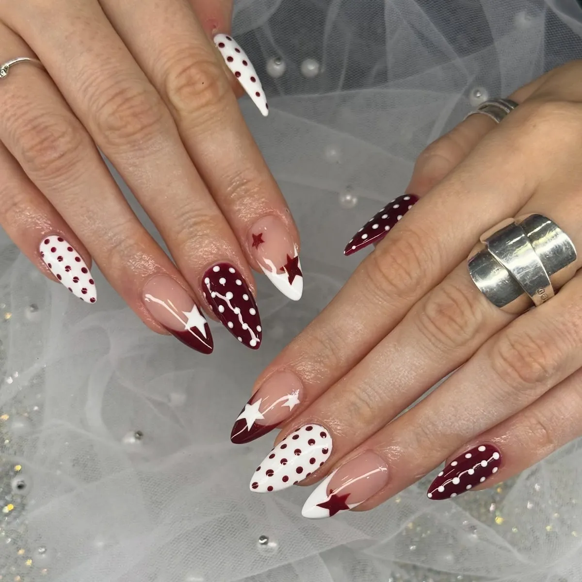 Burgundy & white polka dots with star accents