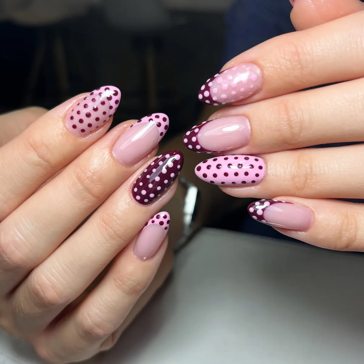 Pink and burgundy polka dots with mixed tips